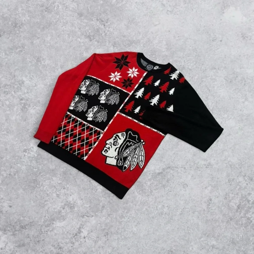 NHL Chicago Blackhawks Hockey Red and Black Crewneck Sweater - Picture 3 of 4
